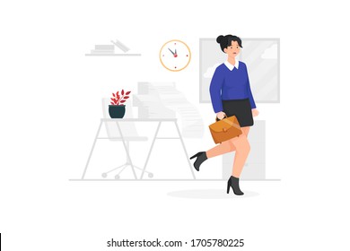 The woman leaves the office with documents on the desk. svg