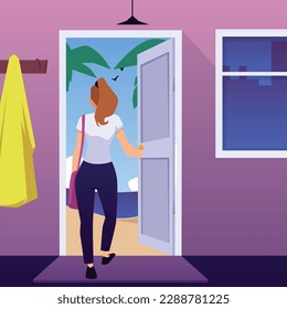 Woman leaves the premises to the beach through an open door, flat cartoon vector illustration. Summer travel and sea vacation concept of banner or poster.