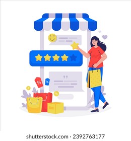 A woman leaving feedback review and five stars rating vector illustration