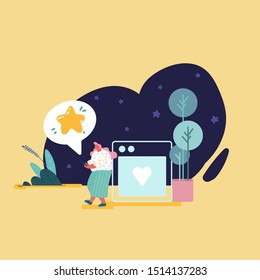 Woman leaving review. Customer experience and satisfaction, positive feedback, five star rating work, product or service review and evaluation. Modern flat vector illustration