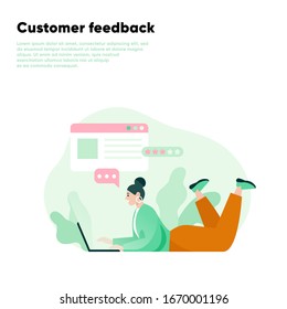 Woman leaving a review using laptop. Customer feedback online review. Testimonials, feedback, rating. Flat vector illustration.