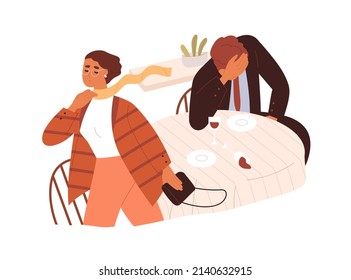 Woman leaving sad man after bad failed date, quarrel. Conflict of lovers in restaurant. Love partners breaking up romantic relationships. Flat graphic vector illustration isolated on white background