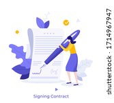 Woman leaving signature on legal document with pen. Concept of signing bilateral contract, making business deal, concluding agreement or treaty, signatory. Modern flat colorful vector illustration.