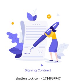 Woman leaving signature on legal document with pen. Concept of signing bilateral contract, making business deal, concluding agreement or treaty, signatory. Modern flat colorful vector illustration.