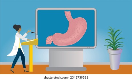 Woman in lecture about abdomenn, stomach. Presentation online or in lecture hall. Dimension 16:9. Vector illustration.