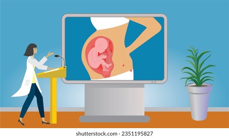 Woman in lecture, presentation about pregnancy, online or in lecture hall. Dimension 16:9.Vector illustration.