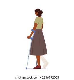 Woman with Leg Fracture Walk on Crutches Rear View Isolated on White Background. Injured Patient Female Character with Broken Bandaged Foot in Traumatology Hospital. Cartoon People Vector Illustration