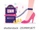 Woman leg in high heels chained to slot machine surrounded broken money, financial loss. Gambling game addiction, casino dependence. player and slot machine isolated on white background. flat vector