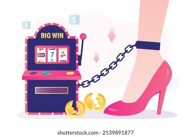 Woman leg in high heels chained to slot machine surrounded broken money, financial loss. Gambling game addiction, casino dependence. player and slot machine isolated on white background. flat vector