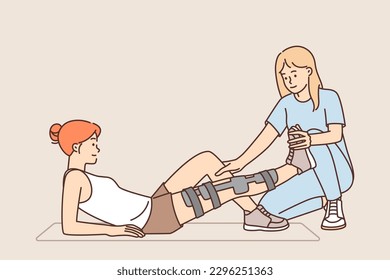 Woman with leg injury uses services of doctor who helps in rehabilitation to treat fracture. Girl lies on mat with bandage on leg for concept of rehabilitation after car accident or fall svg