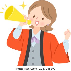 Woman in a legal coat calling in with a megaphone