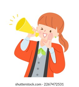 Woman in a legal coat calling in with a megaphone