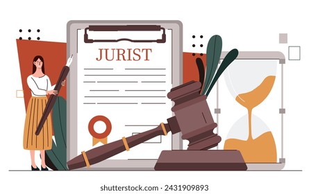 Woman with legal statement. Young girl near contract and judges gavel. Legal support of agreements and laws, regulations. Cartoon flat vector illustration isolated on white background