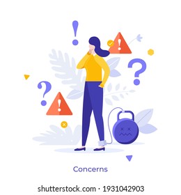 Woman with legcuffs tied to kettlebell, exclamation marks and interrogation points. Concept of concern, anxiety, worry, warning, disturbance, problem solving. Modern flat colorful vector illustration.