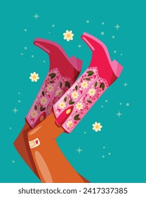 Woman legs with cowboy boots decorated with flowers. Cowgirl with cowboy boots. American western theme. Colorful vibrant vector illustration.