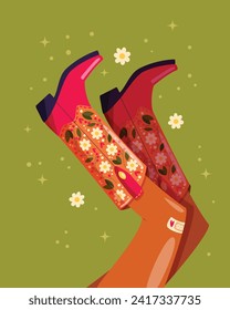 Woman legs with cowboy boots decorated with flowers. Cowgirl with cowboy boots. American western theme. Colorful vibrant vector illustration.