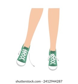Woman legs in green sneakers with untied shoelaces. Vector illustration isolated on white background svg