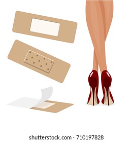 Woman legs in high heeled shoes and medical plaster as remedy 