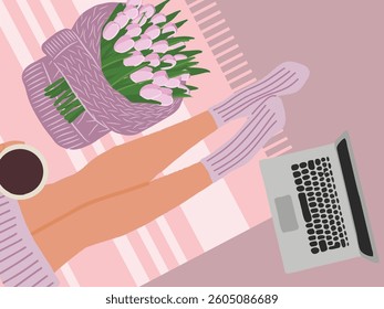 Woman legs on the floor up view flat style with notebook, bouquet in sweater and cup of tea, coffee or cocoa