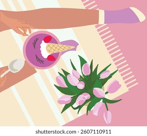 Woman legs on the floor up view flat style with bouquet of tulips and unicorn bowl