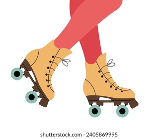 Woman legs in retro roller skates. Red tights. Isolated. Old fashion skaters with four wheels. Nostalgia design element for your projects.