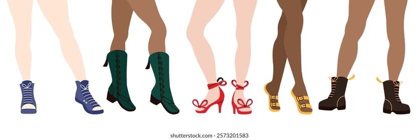 Woman legs in shoes. Female footwear, feet in fashionable boots, high heel footwear, elegant stylish girl shoed in trendy glamour models of shoes. Vector isolated set.