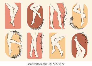 Woman legs skin care. Pedicure and depilation leg logo cosmetic procedure, female feet in spa salon, beauty slender legs. Vector isolated set.