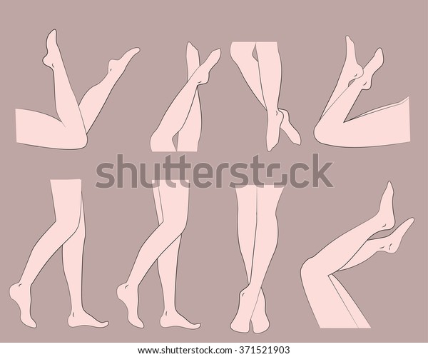 Woman legs in tights. Different poses. Set for\
advertisement and design. Dark pink background. Standing, lying,\
crossed and other legs\
positions.