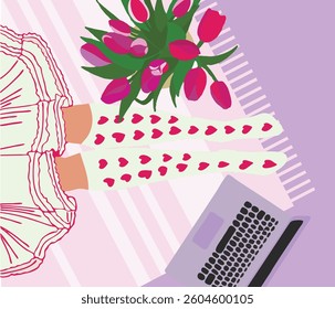 Woman legs in tutu dress on the floor up view flat style with notebook, bouquet