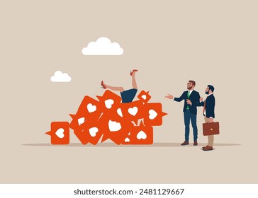 Woman legs upside down stick pile stack like notification instagram facebook. Heart icon social media smm manager, popularity. Flat vector illustration