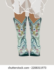 Piernas de mujer con botas de vaquero occidentales y vestido blanco. Botas de vaquera decorativas y elegantes adornadas con una decoración tradicional turquesa. Ilustración vectorial dibujada a mano de manera realista aislada.