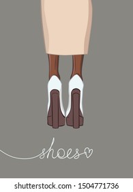 Woman legs in white high-heeled shoes. Stylish women platform shoes. Vector fashion illustration.