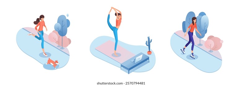 Woman leisure activities. Active lifestyle of young female person. Spa procedure, home yoga, fitness exercise. Outdoor roller skating, morning jogging. Flat vector illustration.