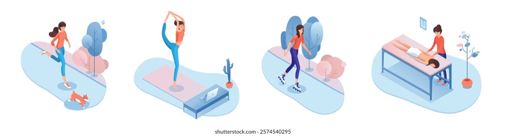 Woman leisure activities. Active lifestyle of young female person. Spa procedure, relaxing massage. Home yoga, fitness exercise. Outdoor roller skating, morning jogging. Flat vector illustration.