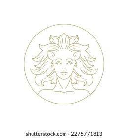 Woman leo beauty cosmetology skin care mythology portrait line art deco vintage logo vector illustration. Female lion mane antique goddess coiffure hairdressing fashion cosmetic makeup wellness icon