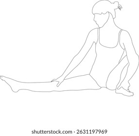 A woman in a leotard performs a seated hamstring stretch with one leg extended forward and the other bent inward, torso twisted, hand reaching toward the extended leg