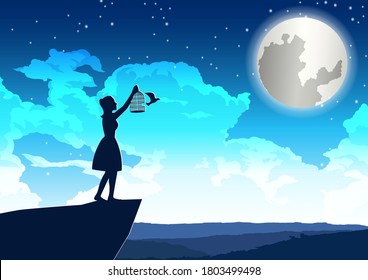 woman let bird out to peace on the cliff in beautiful night,vector illustration