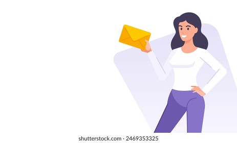 Woman with letter envelope postal service banner design template vector flat illustration. Smiling cartoon female character business message e mail document correspondence postage communication