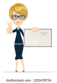 woman with a letter, with thumbs raised as a sign of victory. Stock flat vector illustration.