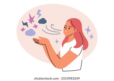 Woman letting go of negative emotions, abstract illustration with clouds, lightning, and stars, flat cartoon vector. Concept of mindfulness, mental health, stress relief, and self care