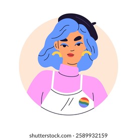 Woman, LGBT avatar. Young lesbian female portrait with dyed hair, beret, LGBTQ badge. Modern trendy fashion girl character, user profile. Flat vector illustration isolated on white background