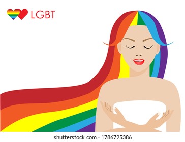 Woman with LGBT rainbow hair and hands holding at her chest. Vector Illustration. Isolated on white background. Idea for LGBT concept.