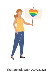 woman with lgtbi flag in heart banner