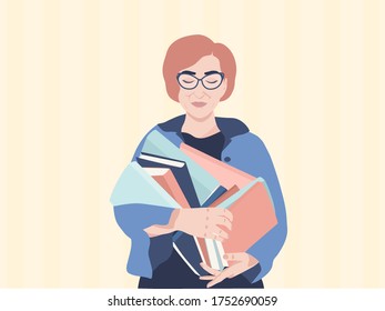 Woman librarian holding a large stack of books in her hands. Profession, education concept. Flat vector illustration .