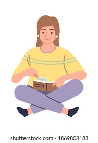 Woman in library reading book. Female reader modern literature sitting on floor with book, smart student girl study knowledge with textbook, self education concept vector cartoon isolated illustration