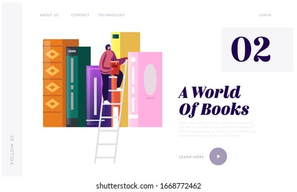 Woman in Library Reading and Searching Books Landing Page Template. Girl Student in Athenaeum Room with Bookshelf and Ladder, Tiny Female Character in Literature Storage. Cartoon Vector Illustration