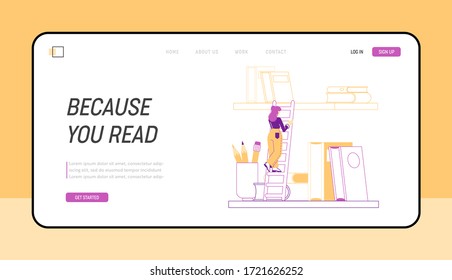 Woman in Library Reading and Searching Books Landing Page Template. Tiny Female Character in Literature Storage. Girl Spend Time in Athenaeum Room with Bookshelf and Ladder. Linear Vector Illustration