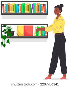 Woman in library reading and searching books. Young girl spends time in athenaeum room with bookshelves, literature storage. Librarian at bookstore. Female stands in room or office next to bookcase