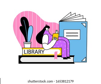 Woman in the library studying and preparing for examination. Literature fan with big books sitting and reading. Student in Library. Vector stock illustration isolated on white background. Flat style.