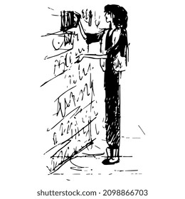 Woman in a library taking a book from shelf. Hand drawn linear doodle rough sketch. Black silhouette on white background.